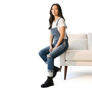 Sky and Sparrow Distressed Skinny Bib Denim Overalls, Blue, Size 3